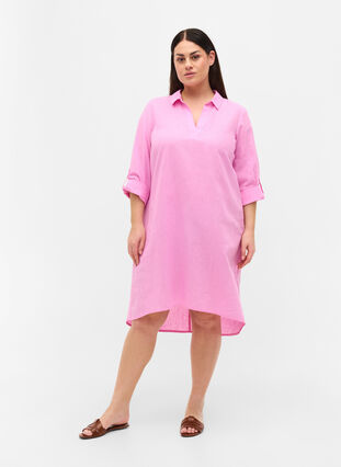 Striped dress made with cotton and linen, Begonia Pink, Model image number 2