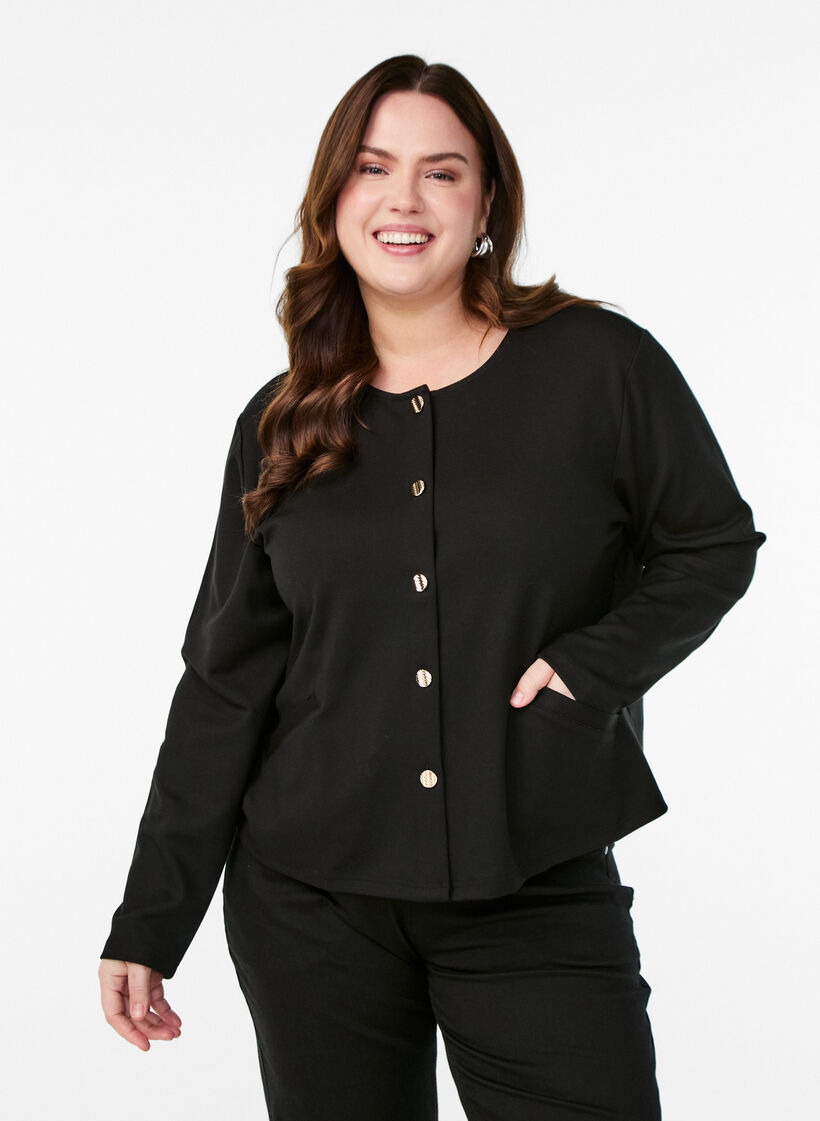 Cardigan with decorative buttons and long sleeves, Black, Model image number 0