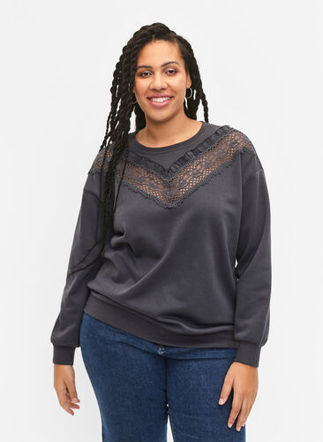 Sweatshirt with ruffle and crochet detail, Dark Grey, Model image number 0