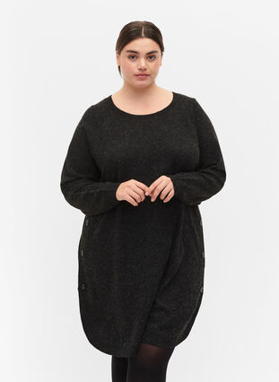 Melange knit dress with buttons, Dark Grey Melange, Model image number 0