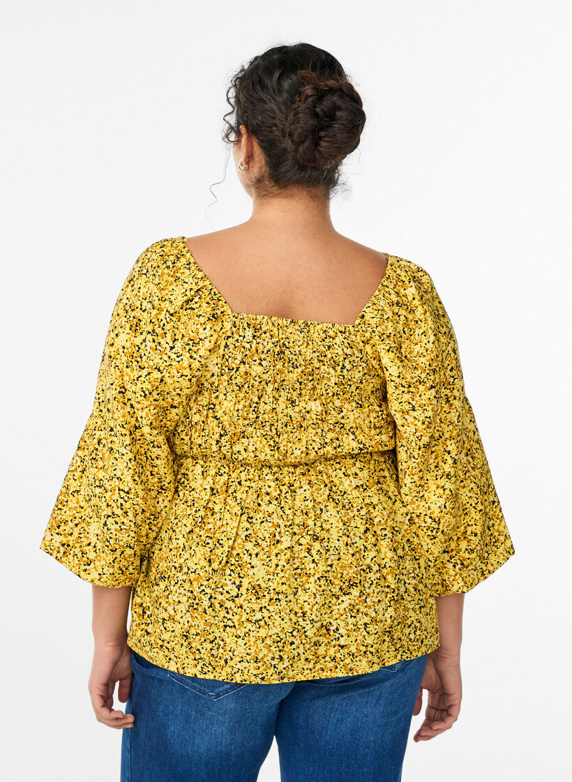 Blouse with smock and square neckline, Yellow, Model image number 2