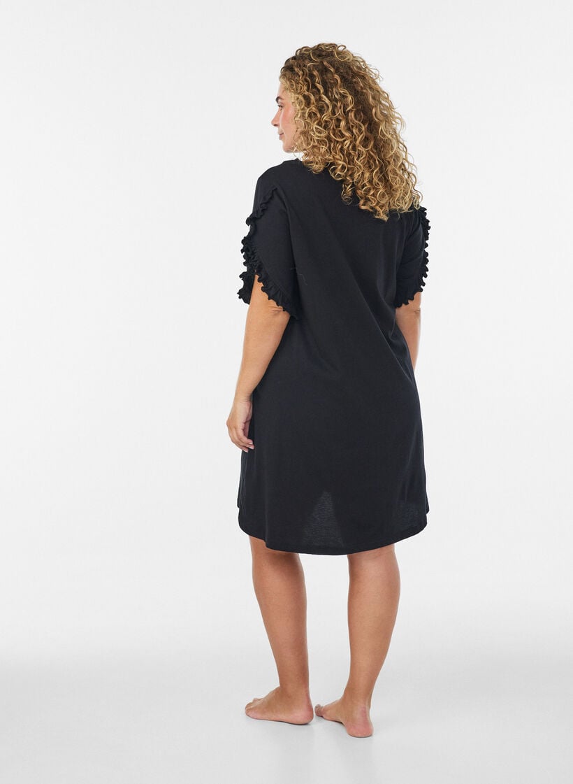 Nightgown in organic cotton with ruffle sleeves, Black, Model image number 2