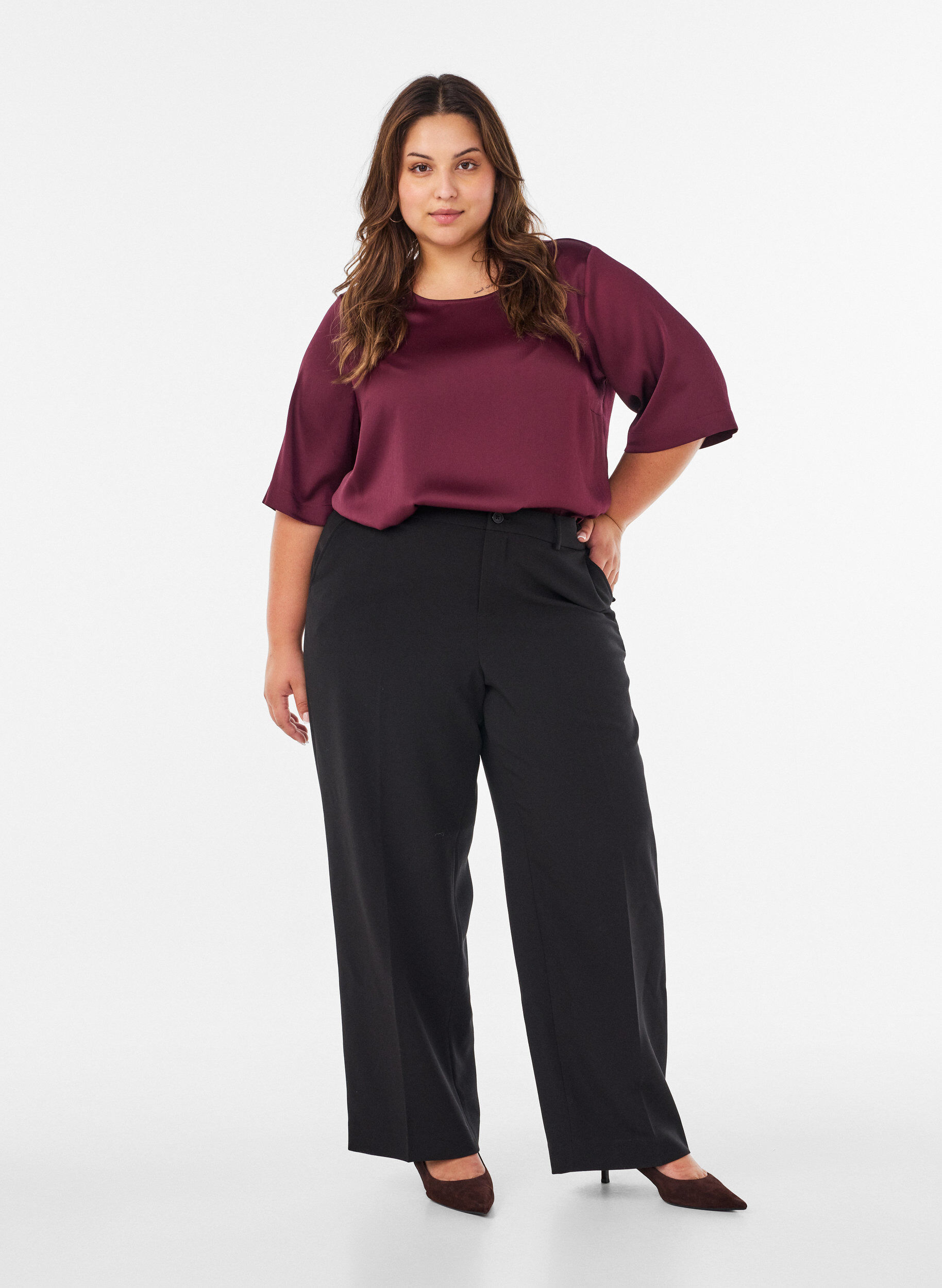 ZizzifashionSatin blouse with elbow-length sleeves, Red, Model image number 1