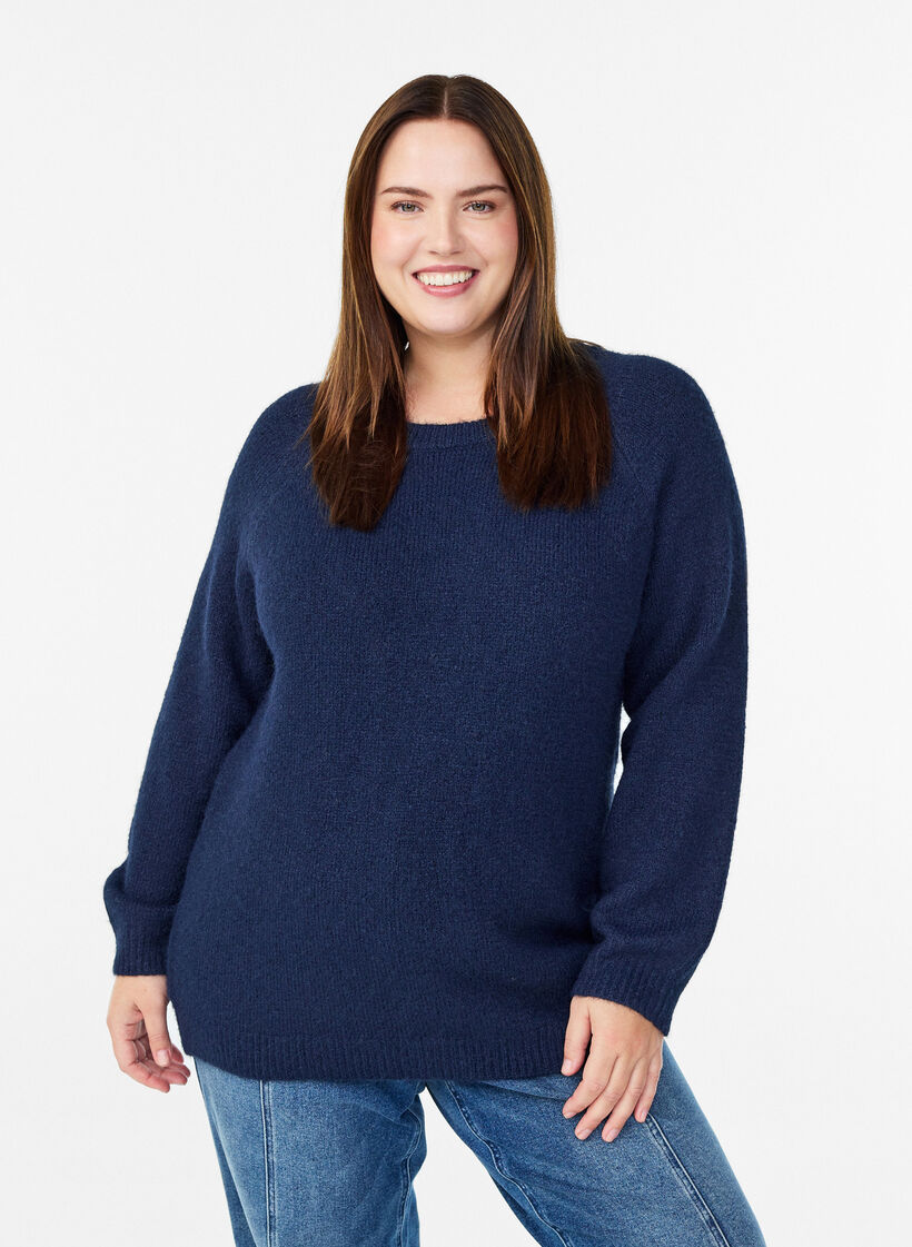 Knitted blouse with raglan sleeves, Blue, Model image number 0