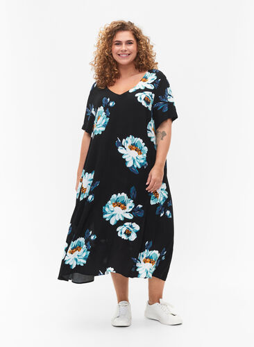 Floral viscose dress with short sleeves, Black Big Flower, Model image number 0