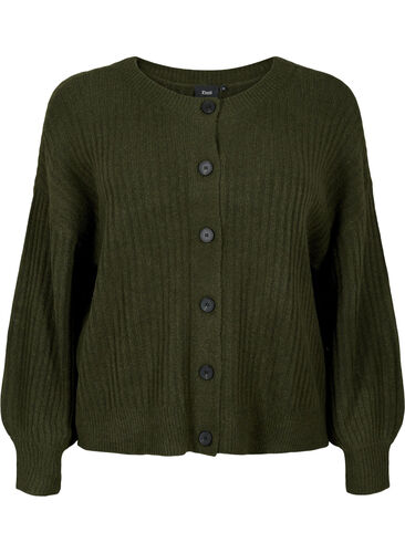 Ribbed knitted cardigan with buttons, Forest Night Mel., Packshot image number 0