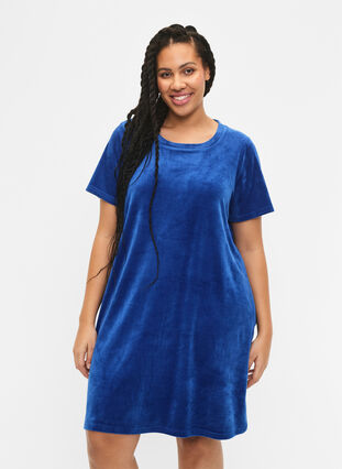Short sleeved velour dress with round neckline	, Monaco Blue, Model image number 0