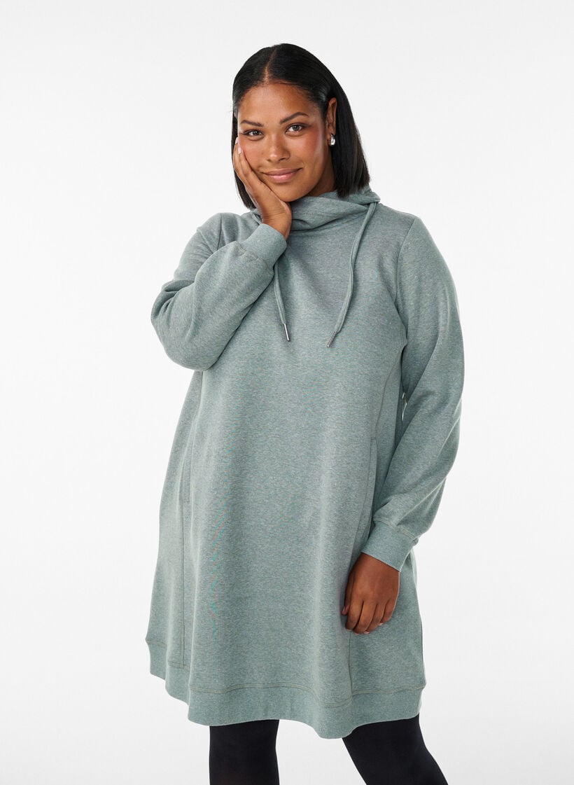 Short sweatshirt dress with high collar and pockets, Green, Model image number 0