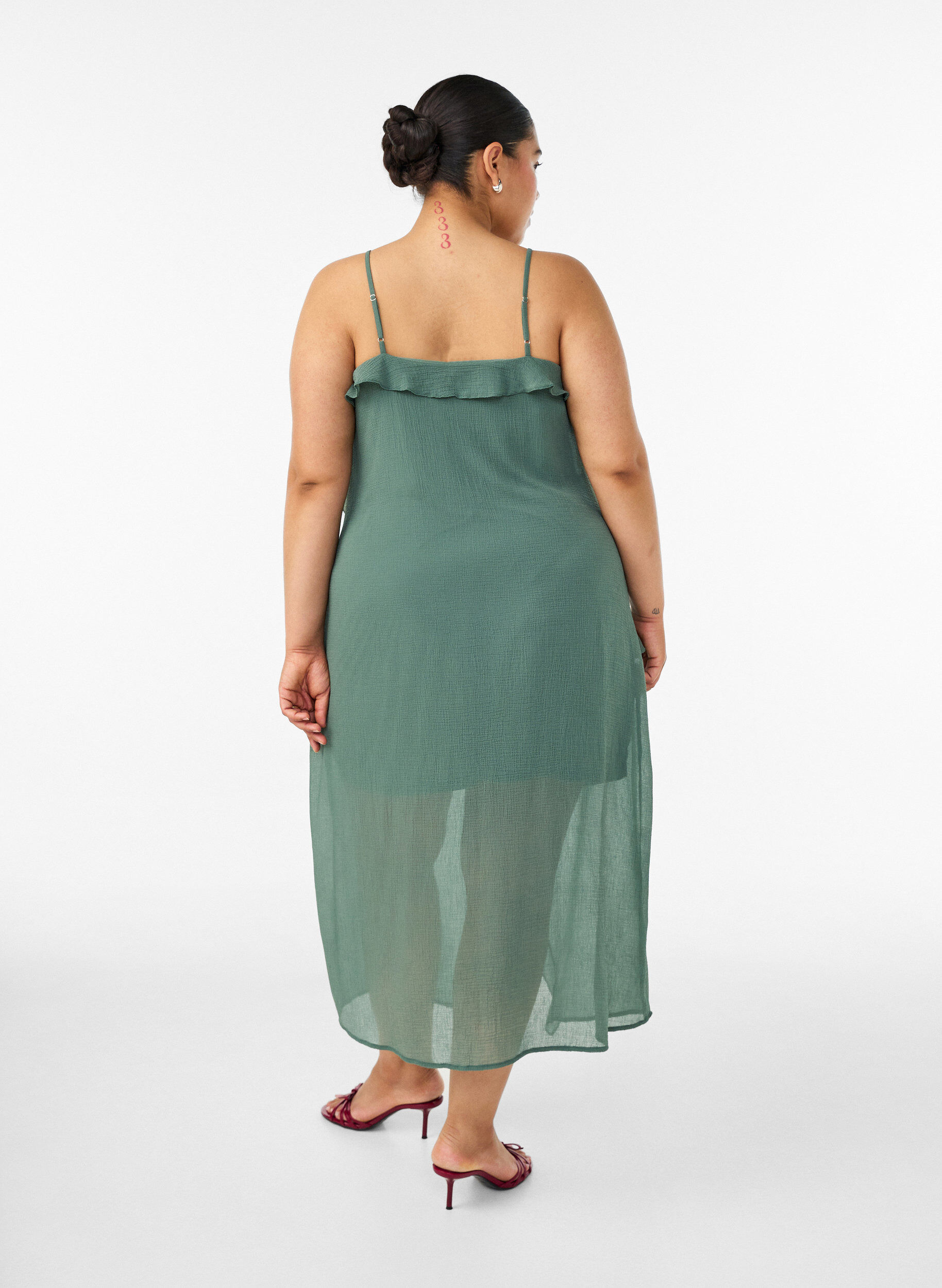 ZizzifashionChiffon dress with asymmetrical ruffles, Green, Model image number 1