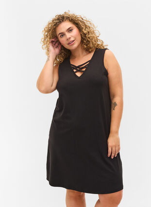 Sleeveless night dress with v-neck and cord detail  , Black, Model image number 0
