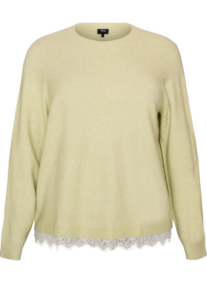 Knitted blouse with lace trim at the hem, Green, Packshot image number 0