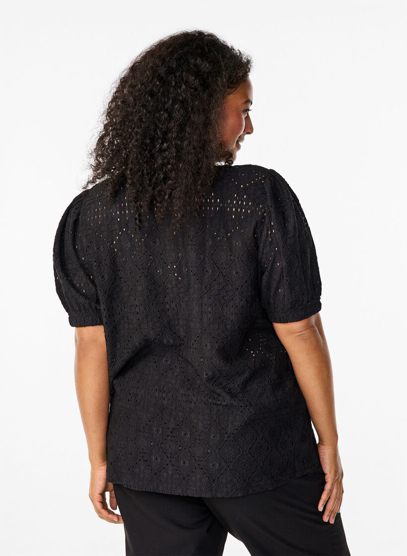 Short-sleeved blouse with lace pattern, Black, Model image number 1