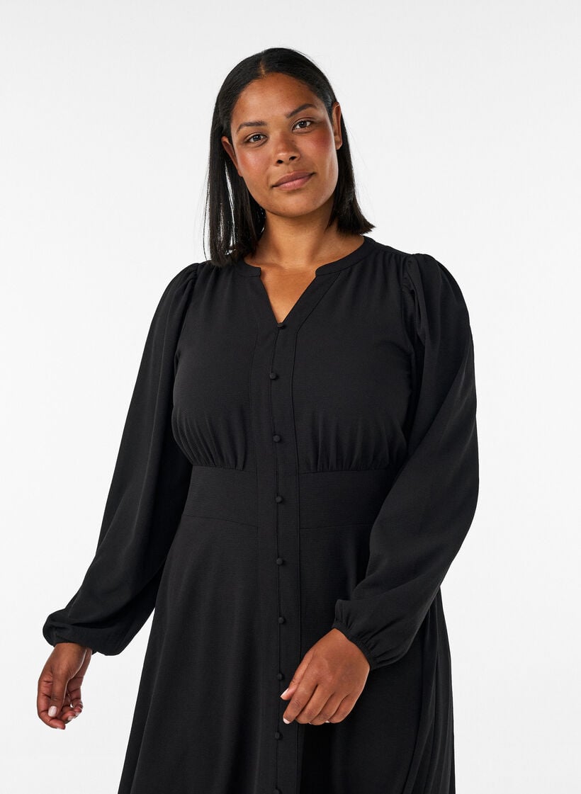 Midi dress with smock and decorative buttons, Black, Model image number 2