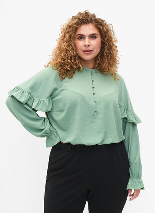 Blouse with ruffles and buttons, Green Bay, Model image number 0