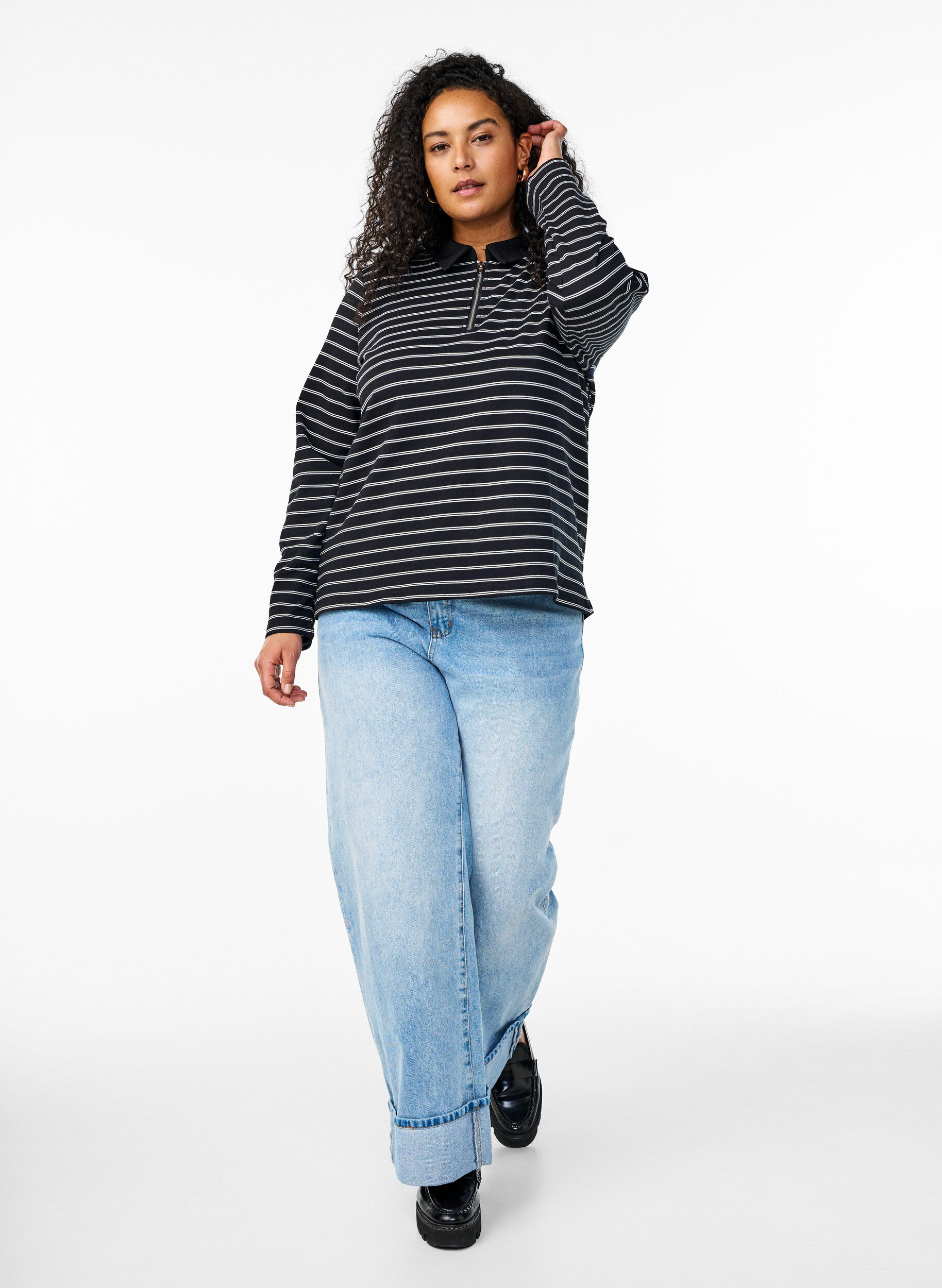 Zizzifashion Striped polo shirt with zipper, Black, Model image number 1