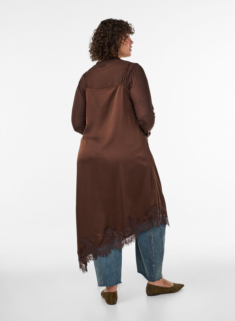 Satin dress with lace and an asymmetrical hem, Brown, Model image number 2