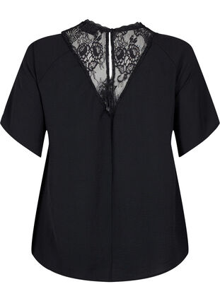 Short-sleeved blouse with lace, Black, Packshot image number 1