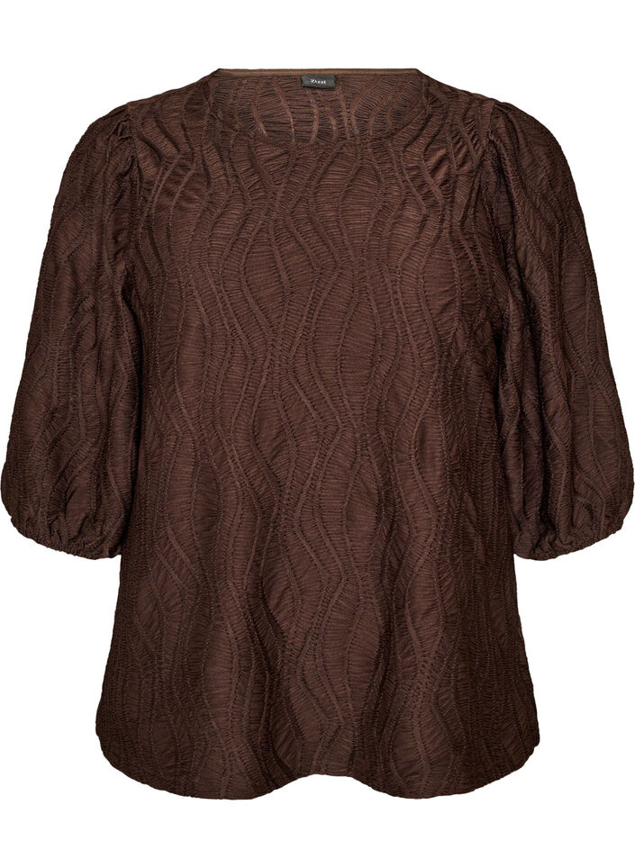 Blouse with texture and 3/4 sleeves, Brown, Packshot image number 0