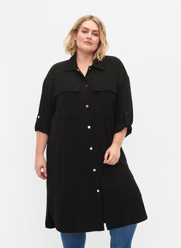 Long dress jacket with button closure, Black, Model image number 0