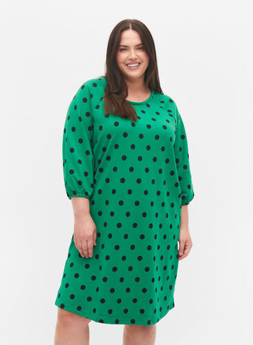 Polka dot dress with 3/4 sleeves, Jolly Green Dot, Model image number 0