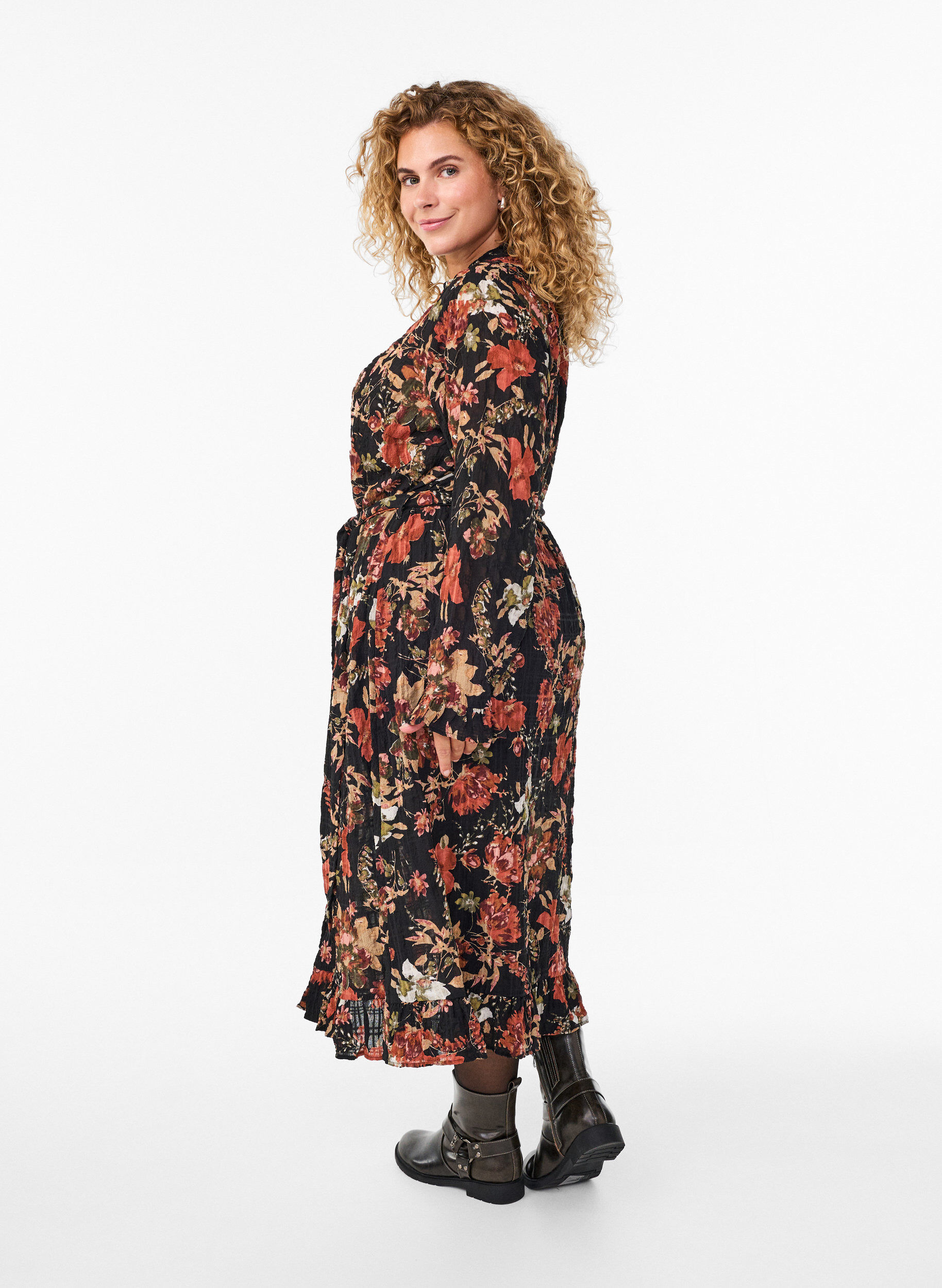 Zizzifashion Midi dress with floral print and detachable tie belt, Black, Model image number 1