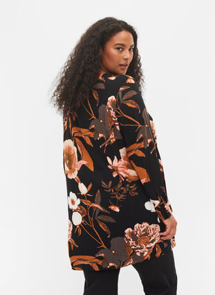 Leo printed tunic with long sleeves in viscose, Black Flower AOP, Model image number 1