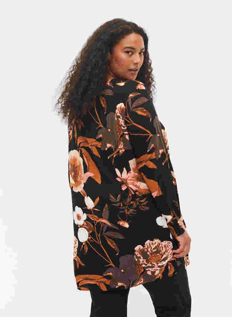Floral tunic with long sleeves in viscose, Black Flower AOP, Model image number 1