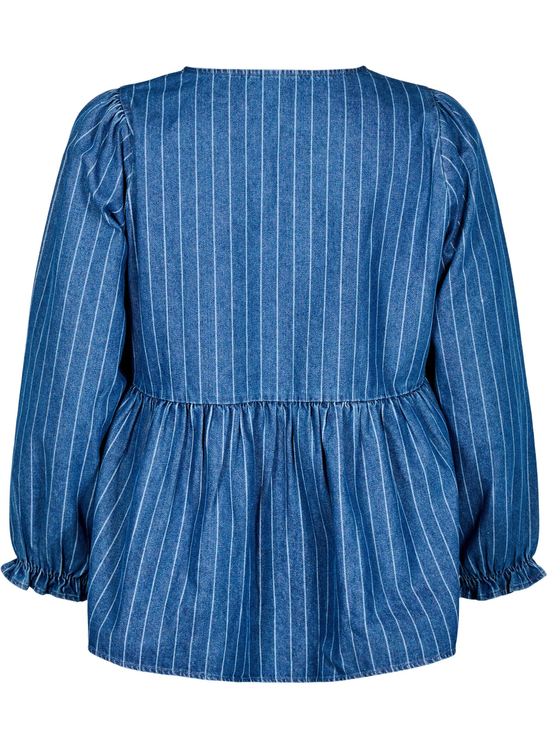 Zizzifashion Striped denim blouse with front tie, Blue, Packshot image number 1
