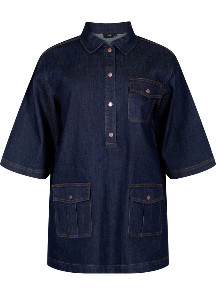 Denim dress with large pockets and 3/4 sleeves, Blue, Packshot image number 0