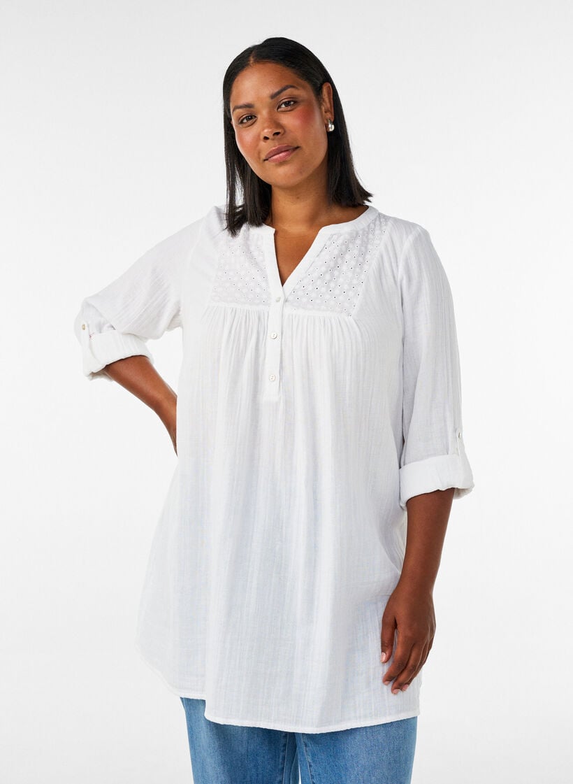 Cotton muslin tunic with broderie anglaise, White, Model image number 0