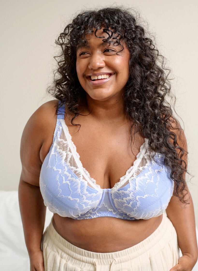 Padded bra with lace and mesh, Blue, Image image number 0