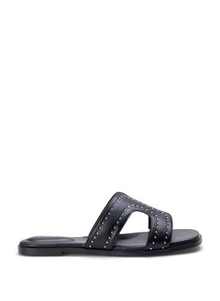 Flat slip-on wide fit sandals with studs, Black, Packshot image number 0