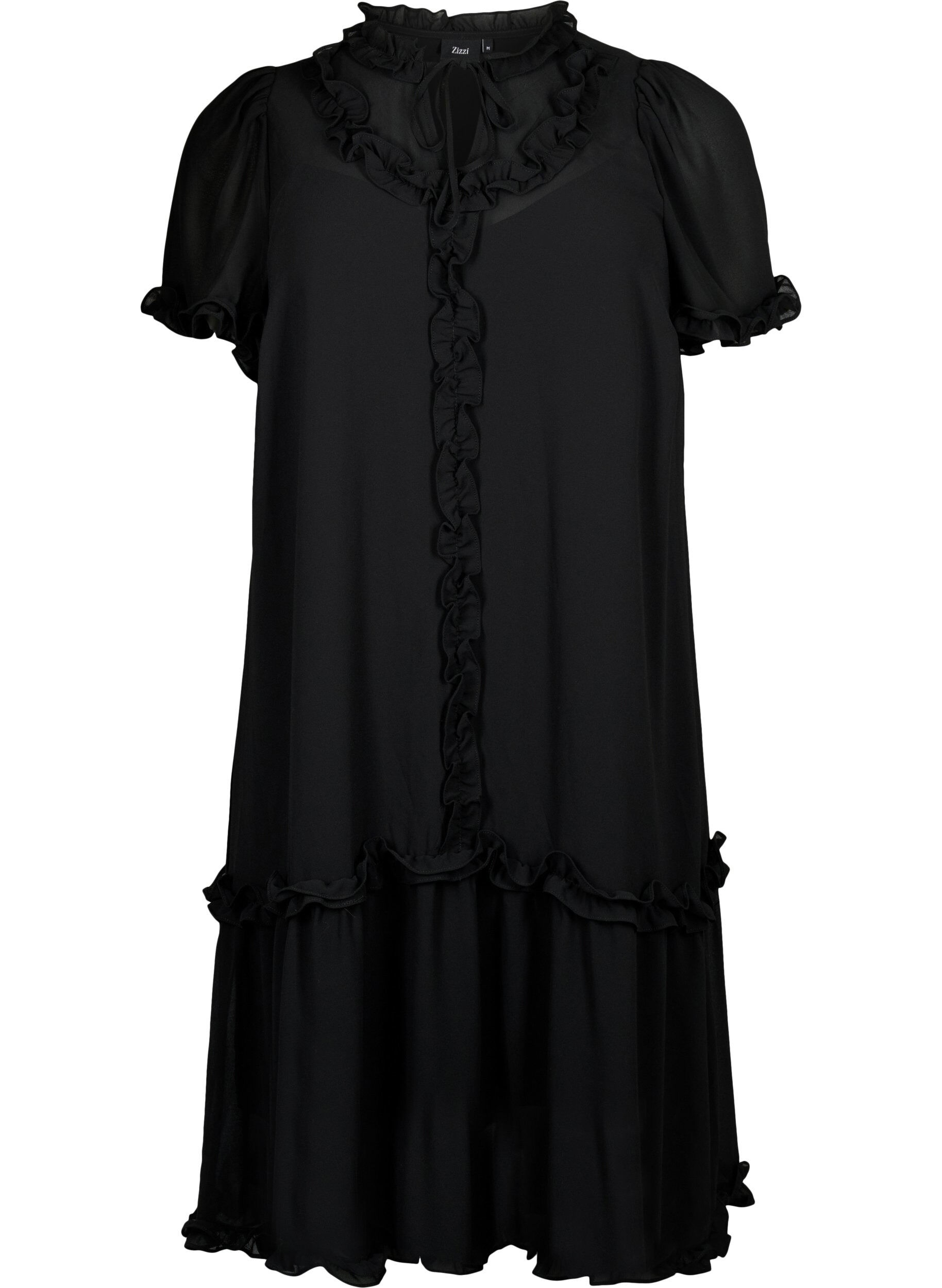 Zizzifashion Chiffon dress with A-cut and ruffle details, Black, Packshot image number 0