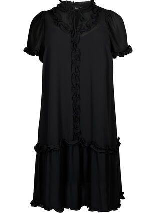 Chiffon dress with A-cut and ruffle details, Black, Packshot image number 0