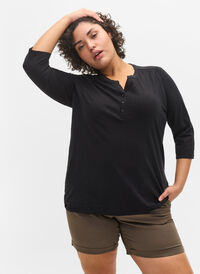 Cotton blouse with 3/4 sleeves, Black, Model