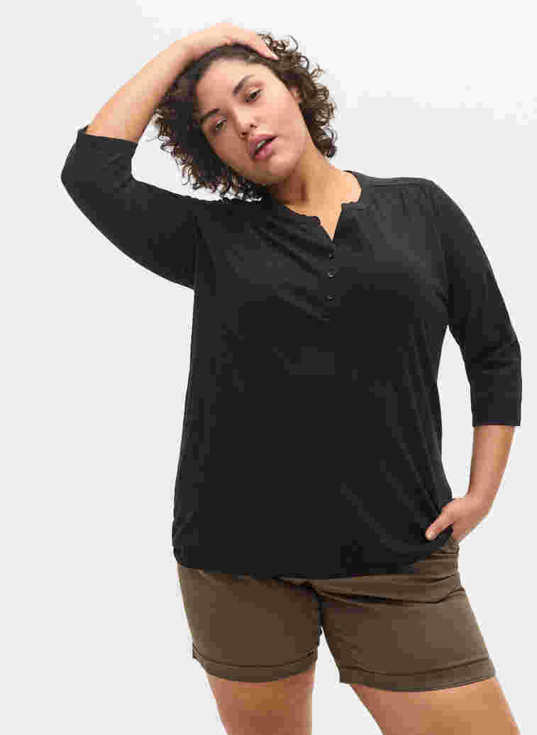 Cotton blouse with 3/4 sleeves, Black, Model image number 0
