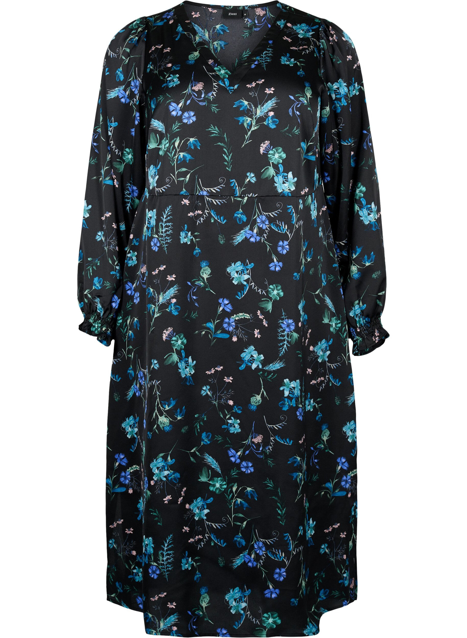 Zizzifashion Long-sleeved midi dress with floral print, Blue Flower AOP, Packshot image number 0
