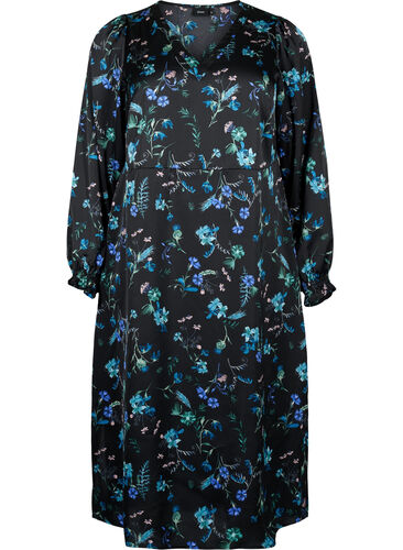Long-sleeved midi dress with floral print, Blue Flower AOP, Packshot image number 0