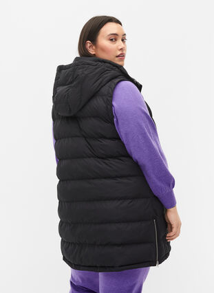 Long vest with hood and button closure, Black, Model image number 1