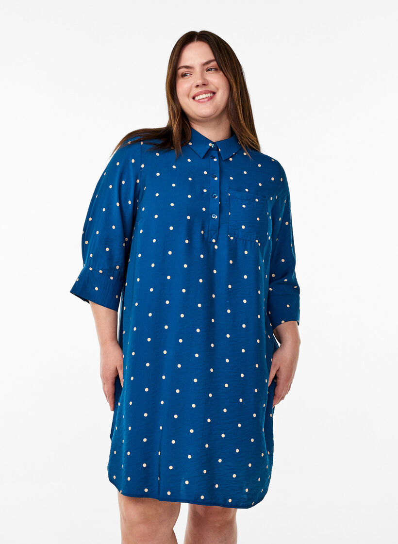 Short dress with collar and chest pocket, Blue, Model image number 0