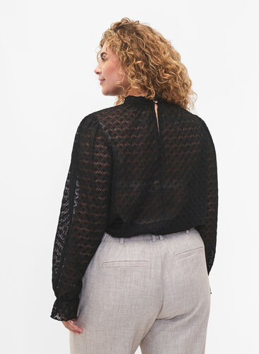 Long-sleeved blouse with patterned texture, Black, Model image number 1