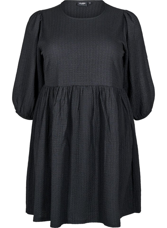Short dress with texture and 3/4 sleeves, Black, Packshot image number 0
