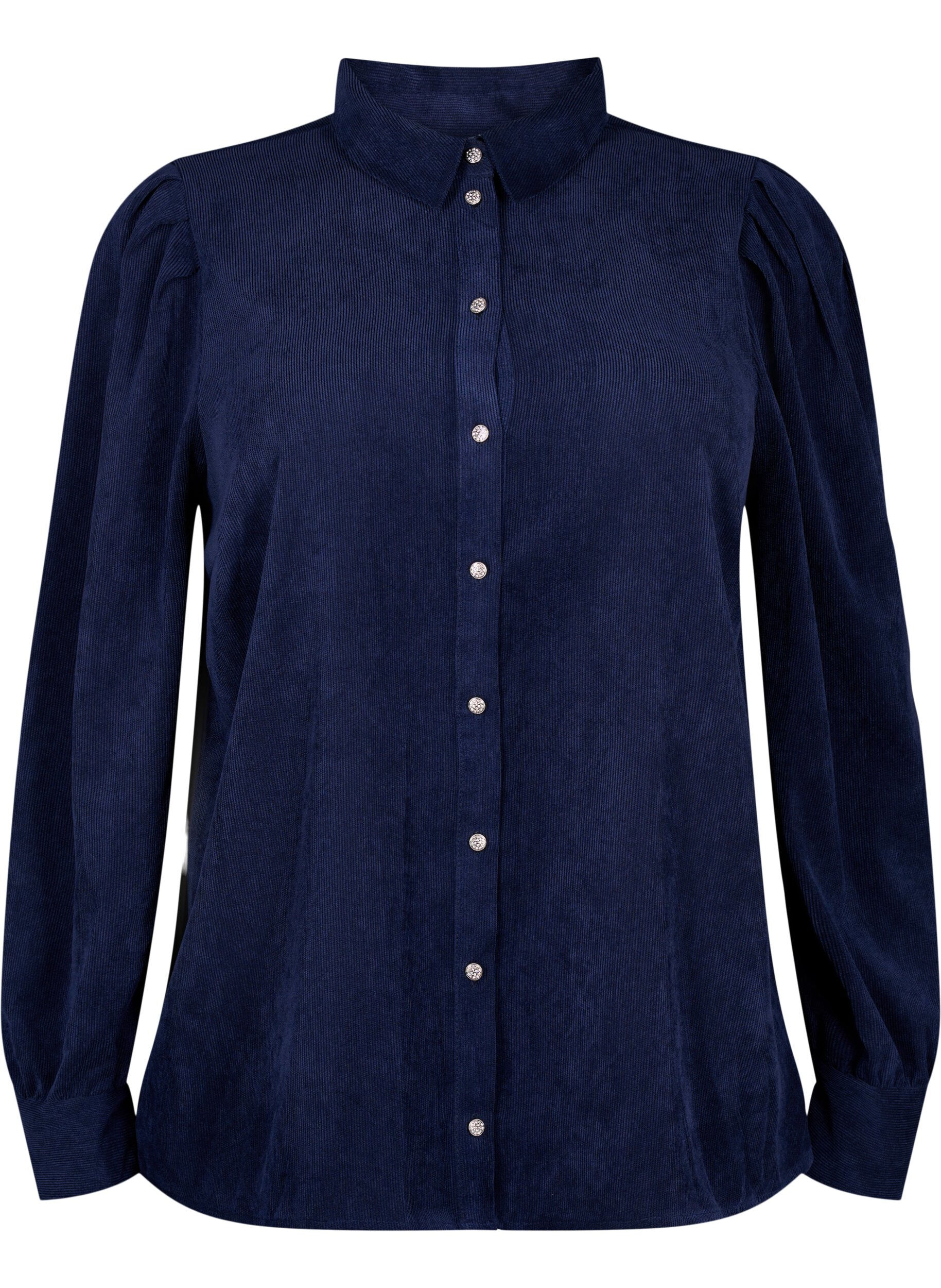 Zizzifashion Velvet shirt with rhinestone buttons, Medieval Blue, Packshot image number 0