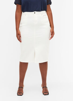 Denim midi skirt with slits, White, Model image number 3
