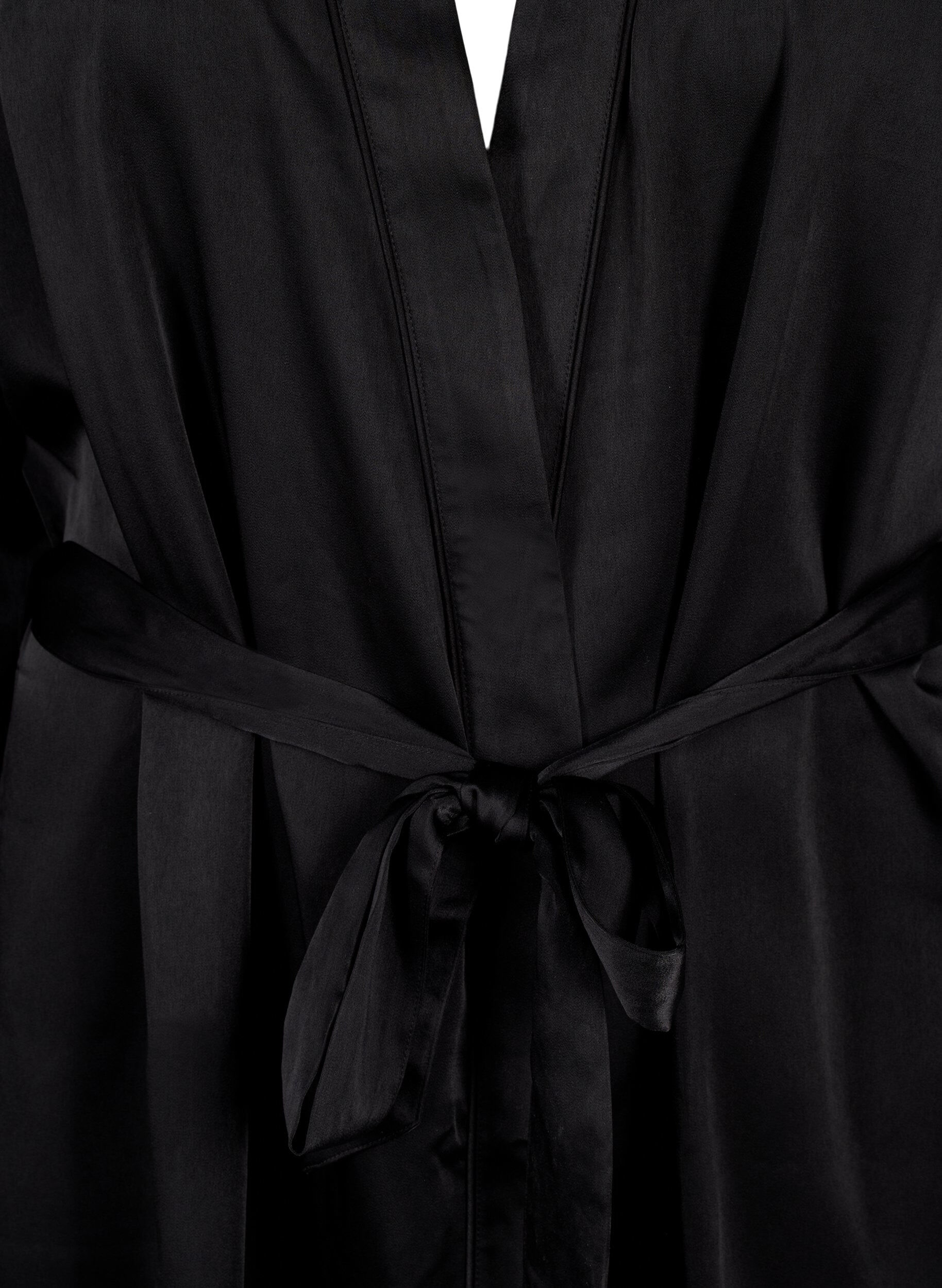 Zizzifashion Satin kimono with belt, Black, Packshot image number 2