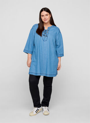Denim tunic with 3/4 sleeves, Light blue denim ASS, Model image number 2
