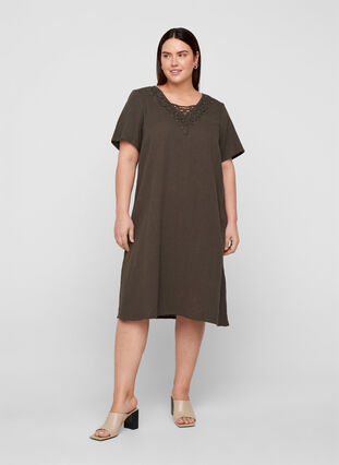 Short-sleeved cotton dress with embroidery, Khaki As Sample, Model image number 2