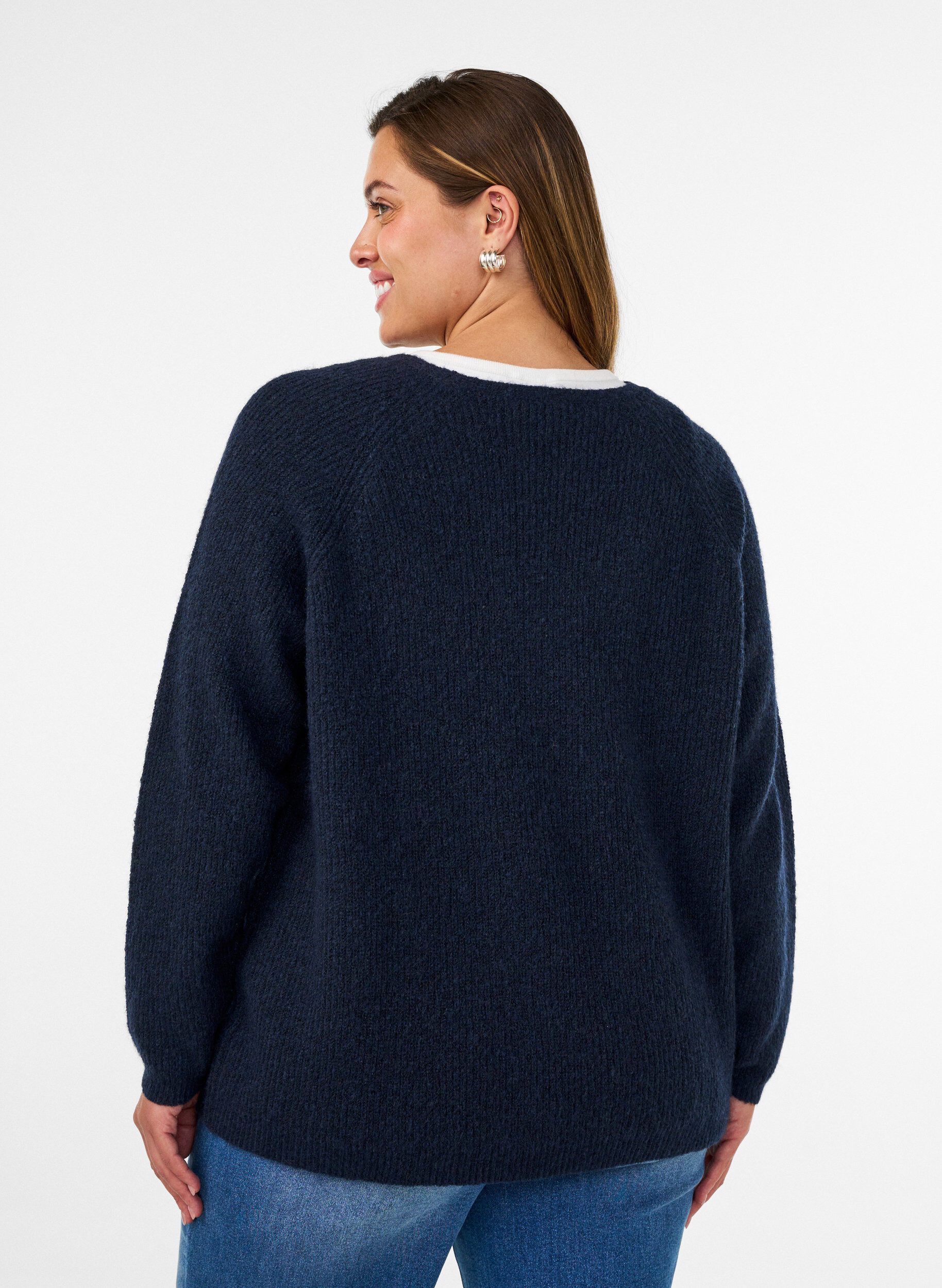 ZizzifashionKnitted blouse with V-neck and raglan sleeves, Blue, Model image number 2