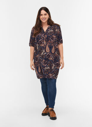 Short-sleeved viscose tunic with dots, Paisley AOP, Model image number 2
