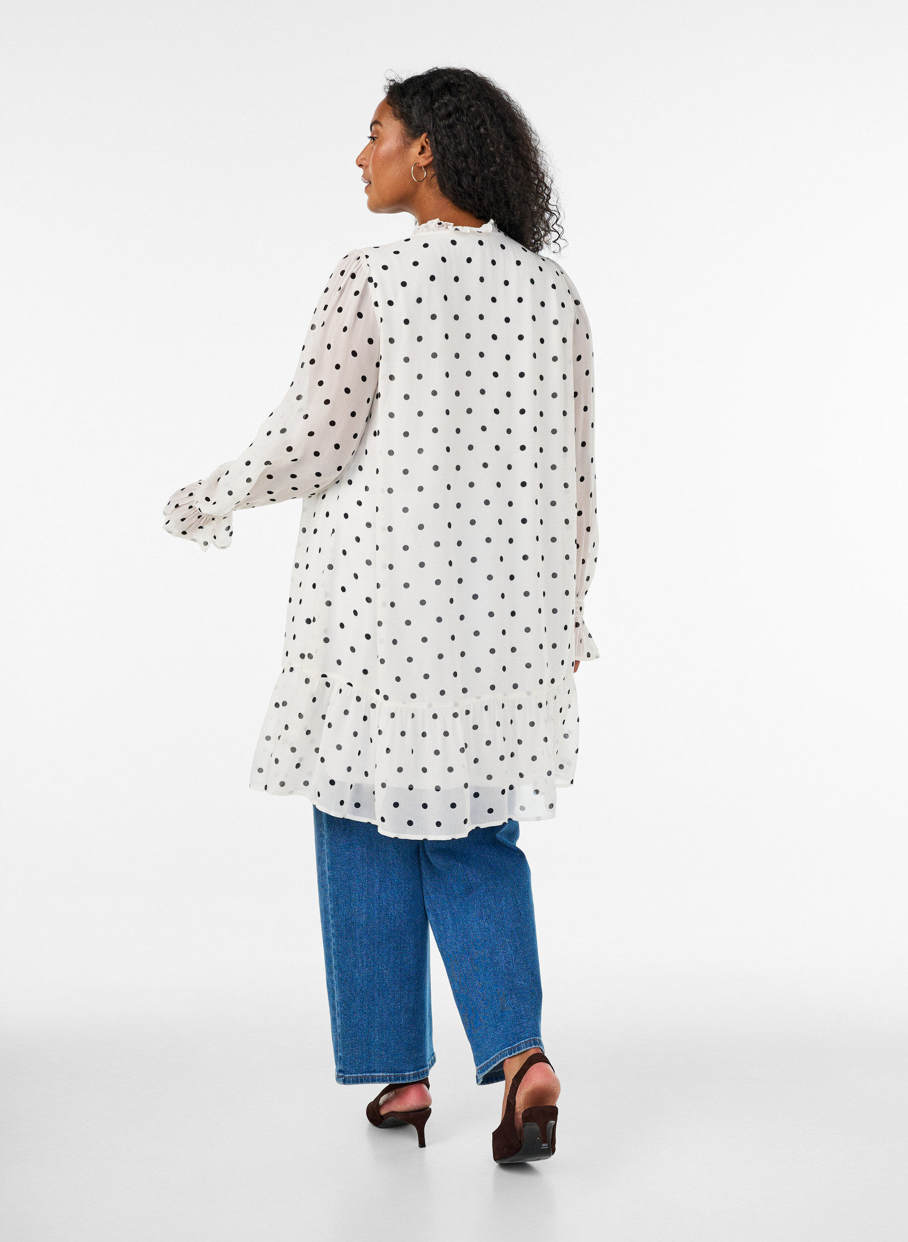 ZizzifashionViscose dress with ruffles and sheer sleeves, White, Model image number 2